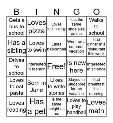 Grade 3 Class Bingo Card