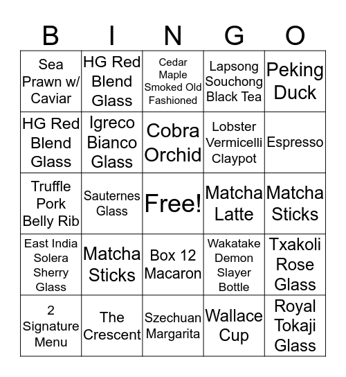 BARTENDER BINGO Card