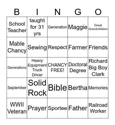 CHANCY  Bingo Card