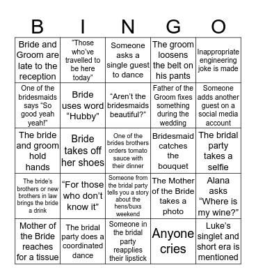 DEGEE WEDDING Bingo Card