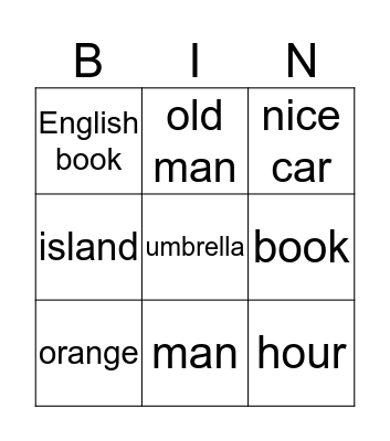 셀 수 있는 사물이 하나인 경우 a vs an Bingo Card