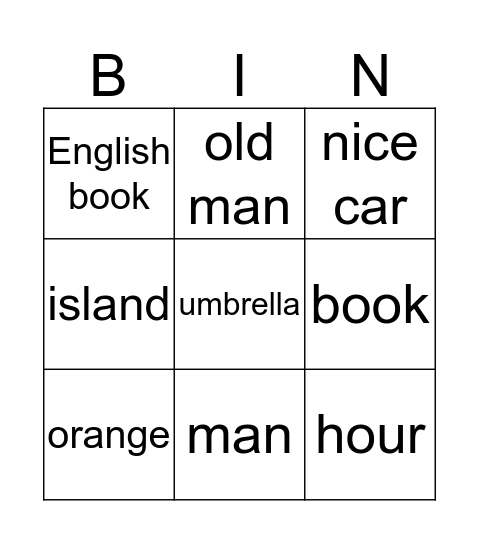 셀 수 있는 사물이 하나인 경우 a vs an Bingo Card