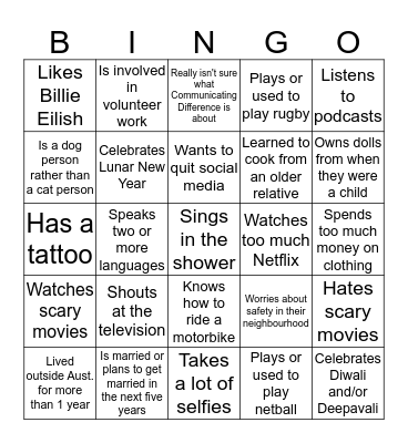 Find 5 in a Row! Bingo Card