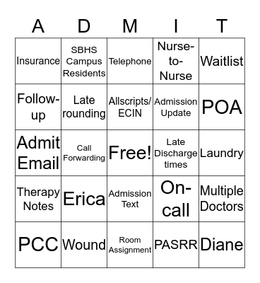 ADMIT BINGO Card