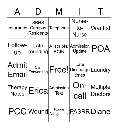 ADMIT BINGO Card