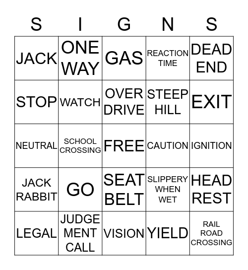 SIGNS Bingo Card