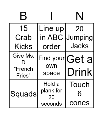 Hudson PE Bingo Card