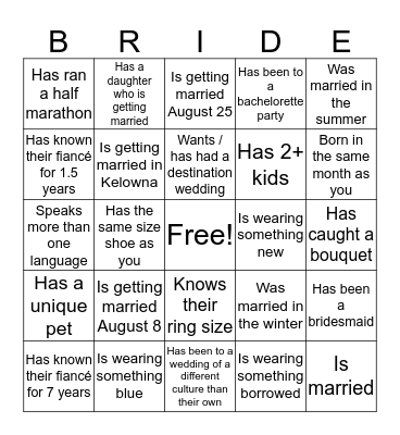 Bridal Bingo! Bingo Card