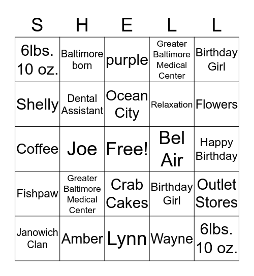 HAPPY BIRTHDAY SHELLY Bingo Card