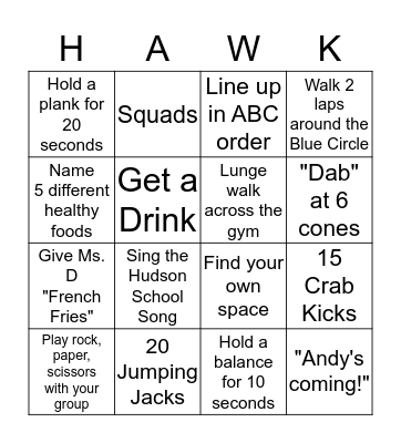 Hudson PE Bingo Card