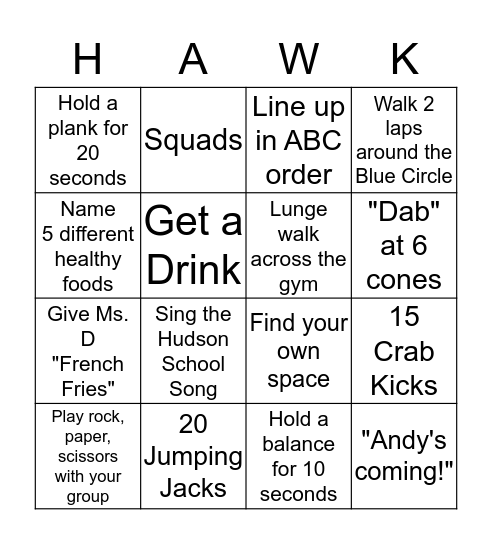 Hudson PE Bingo Card