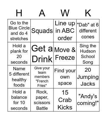 Hudson PE Bingo Card