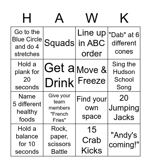 Hudson PE Bingo Card