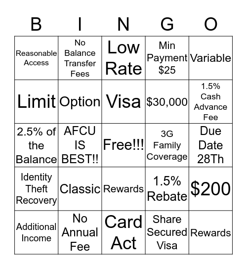 Visa Bingo!! Bingo Card