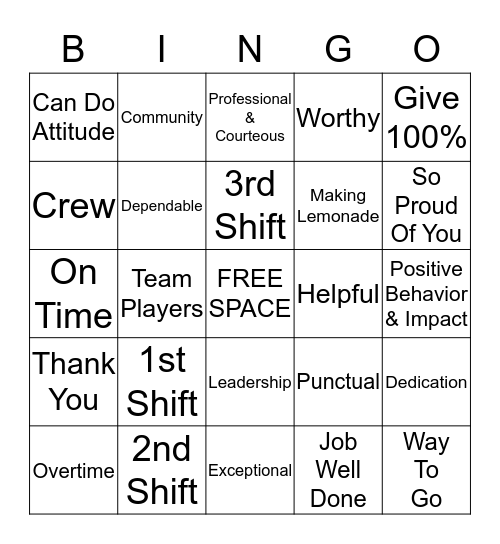 Employee Appreciation Bingo Card