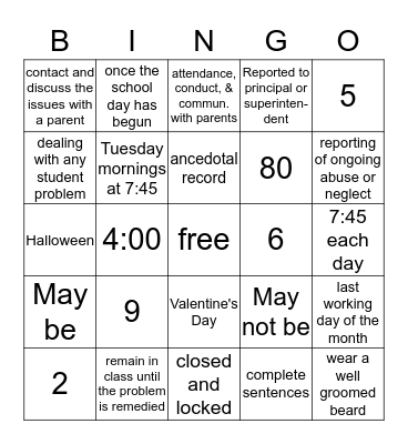 Employee Handbook Bingo!! Bingo Card