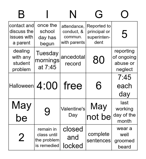 Employee Handbook Bingo!! Bingo Card