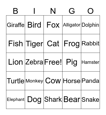 Animals Bingo Card