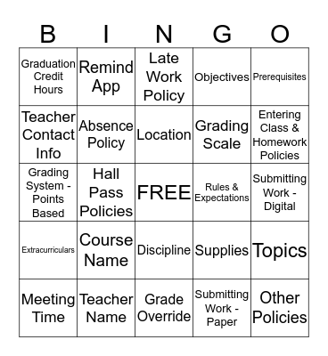 Rhoades Syllabus Bingo Card