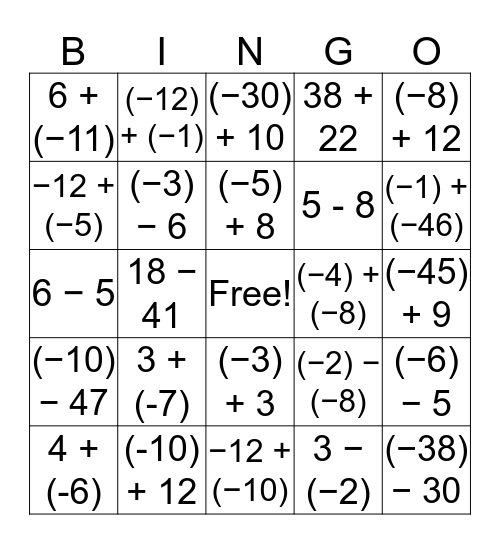 Add/Subtract Integers Bingo Card