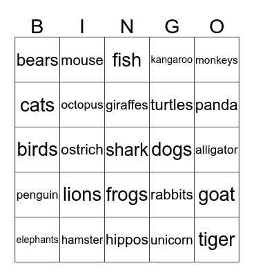 Animal Bingo Card