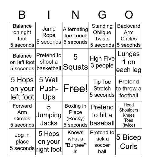 Physical Education Bingo Card