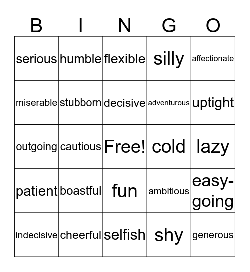 ADJECTIVES Bingo Card