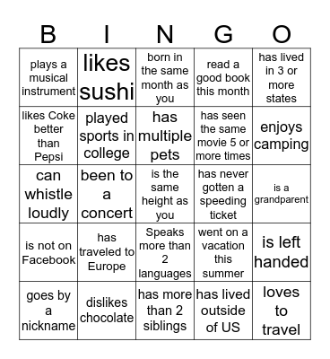 Get To Know You Bingo Card