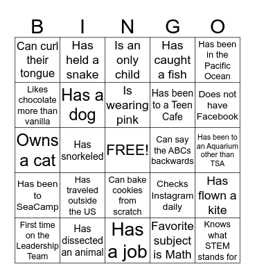 Teen Cafe Bingo  Bingo Card