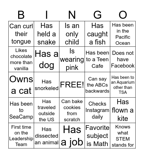 Teen Cafe Bingo  Bingo Card