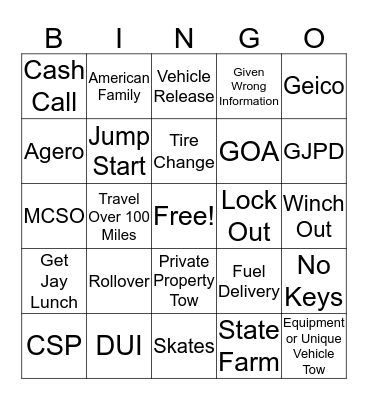 Dan's Towing Bingo Card