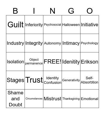 Psychosocial Development Bingo Card