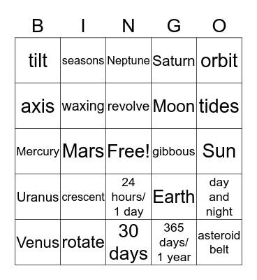 Sun, Earth, Moon Bingo Card