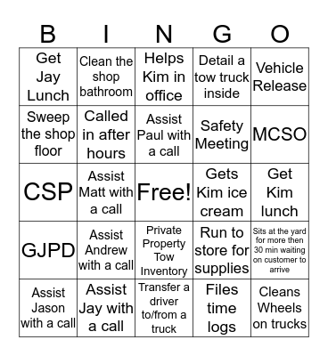Dan's Towing Bingo Card