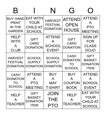 ERNEST J. MAY PTO BINGO Card