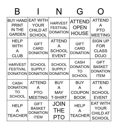 ERNEST J. MAY PTO BINGO Card