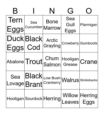 Traditional Food Bingo Card