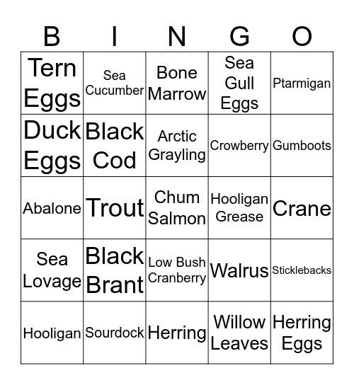 Traditional Food Bingo Card