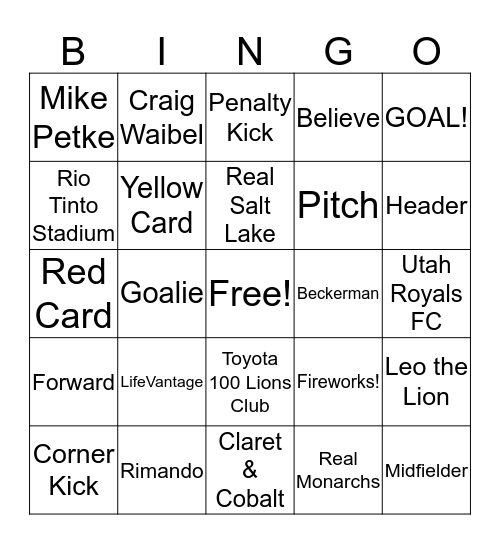 Real Salt Lake Bingo Card