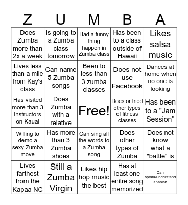 ZUMBA BINGO  Bingo Card