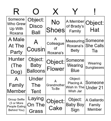 Roxana's Baby Shower Selfie Challenge Bingo Card