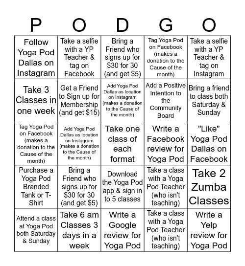 Yoga Pod Dallas PODGO Bingo Card