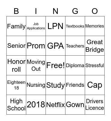 Ambriel's Graduation Bingo Card