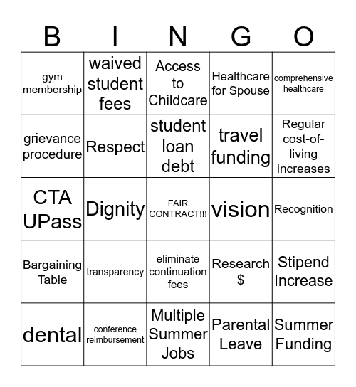 Grad Union Issues Bingo !!  Bingo Card