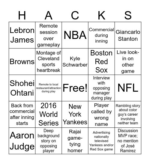 National Broadcast Bingo Card