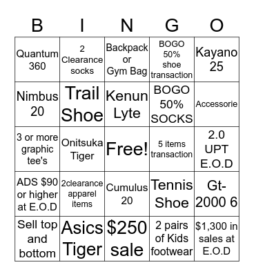ASICS BINGO  Bingo Card