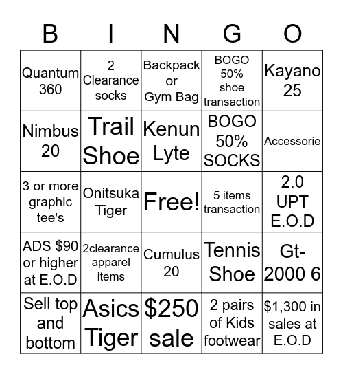 ASICS BINGO  Bingo Card