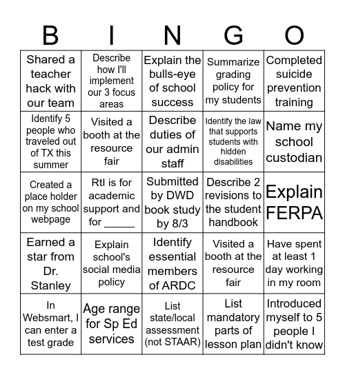 NTxCA Staff Development  Bingo Card