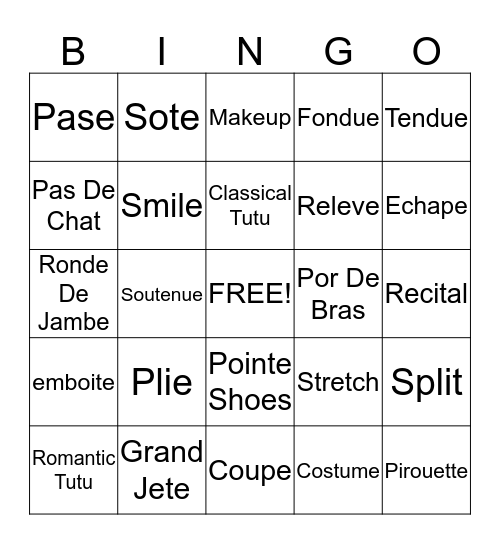 Ballerina Bingo  Bingo Card