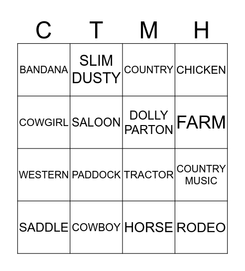 'Country & Western' Bingo Card